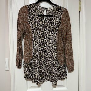 Anthropologie S Tan Purple and Brown Floral Blouse